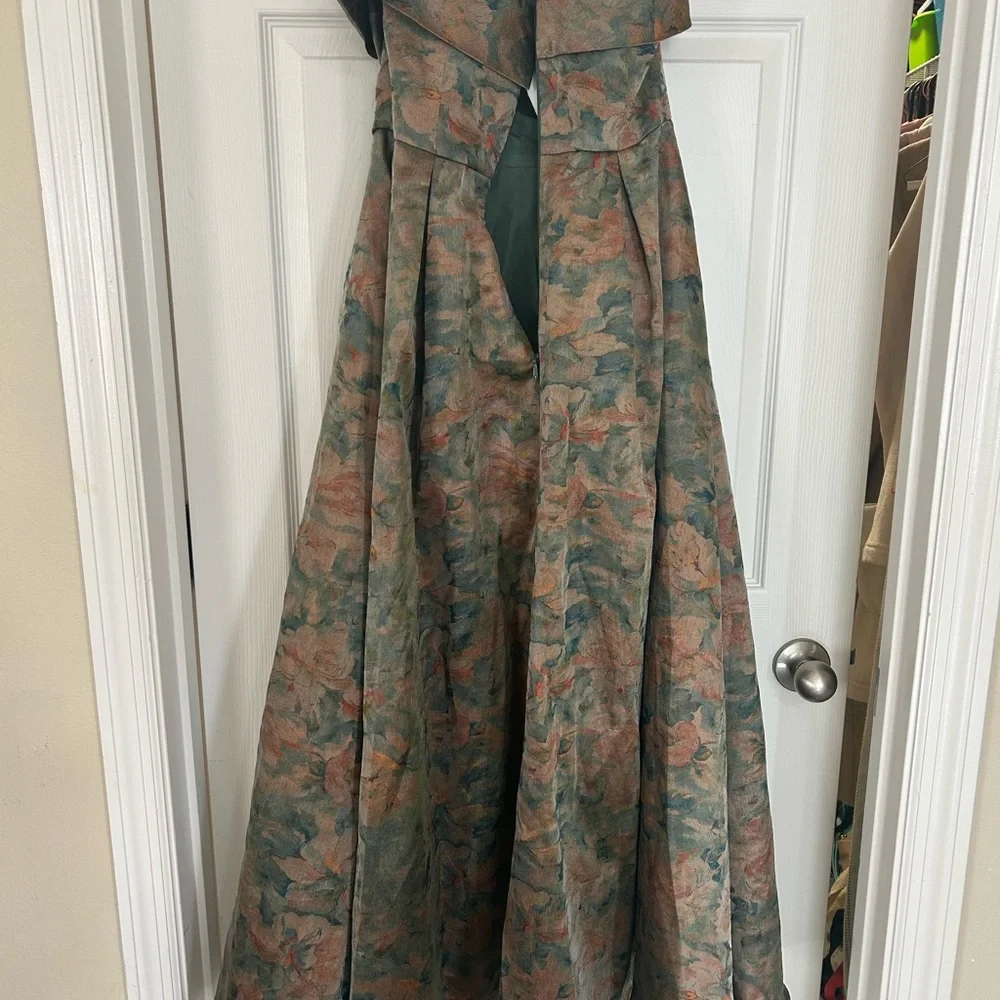 Azazie Strapless Floral Dress in Green and Gold - Picture 4 of 7